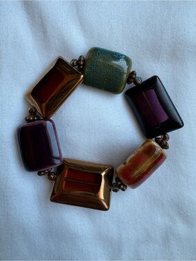 Chunky Geometric Bead Stretch Bracelet Earth Tones Boho Chic